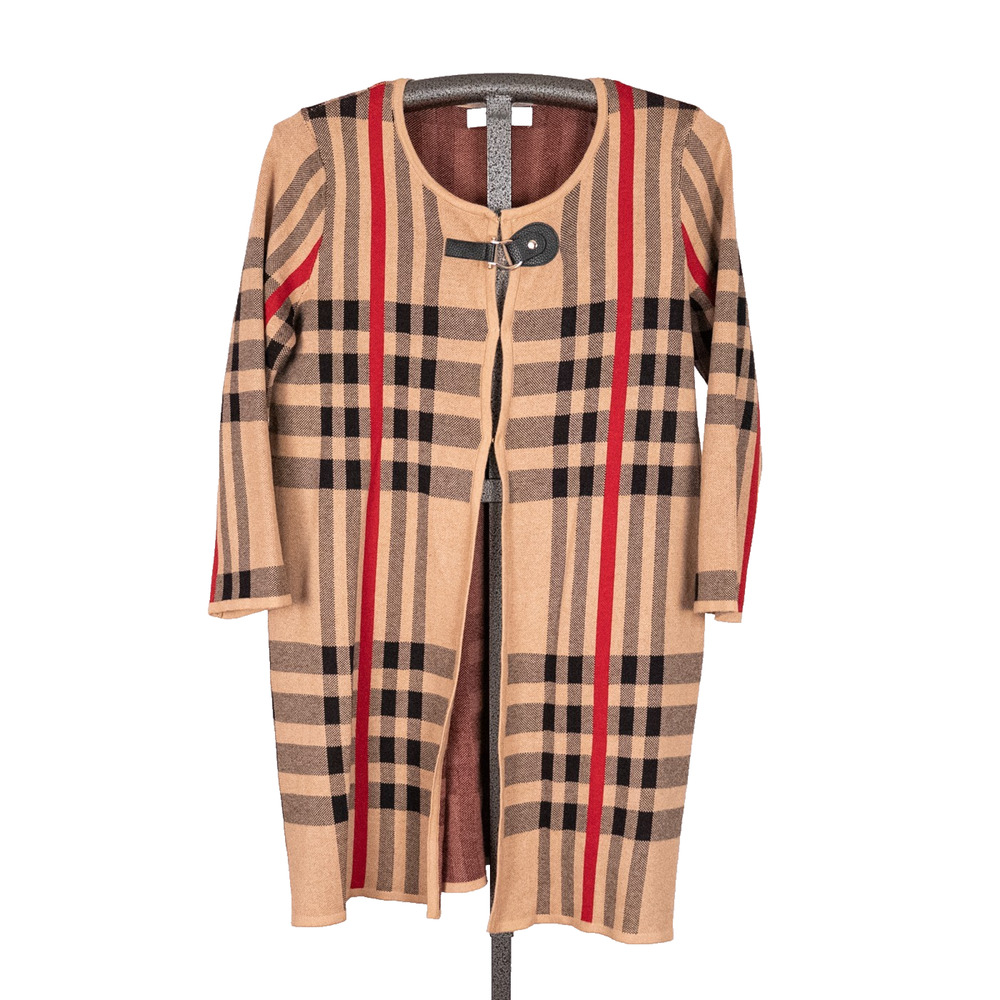Kasper Women's Classic Tan Red Black Tartan Plaid Cardigan MEDIUM Cotton Blend